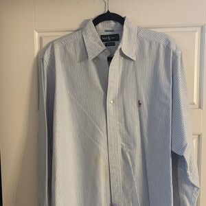 Ralph Lauren Men's White and Blue Pinstripe Shirt